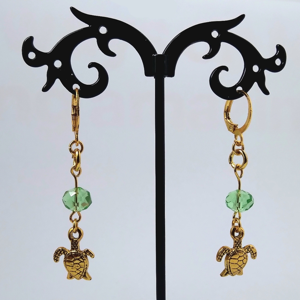 Stunning Green Beaded Handmade Dangling Earrings with Gold Turtle Charm